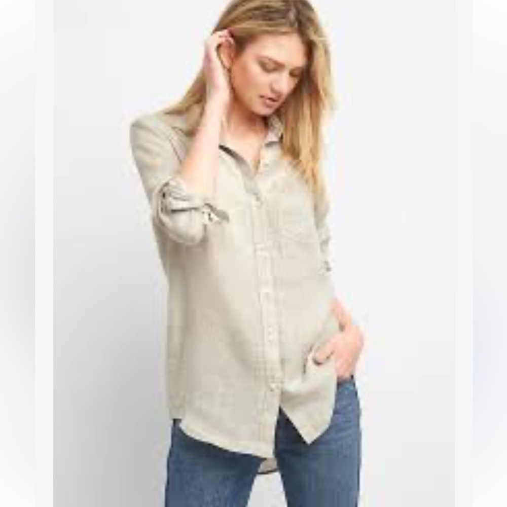 GAP / Relaxed Boyfriend Fit Long Sleeve Button Down Linen Shirt Beige XXL